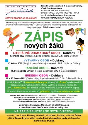 ZUŠ J.S.Bacha Dobřany - zápis nových žáků